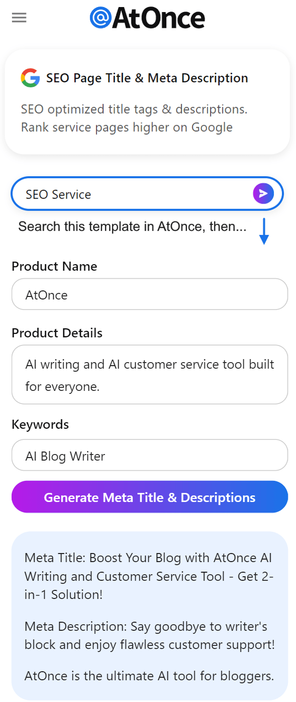 AtOnce AI meta title generator
